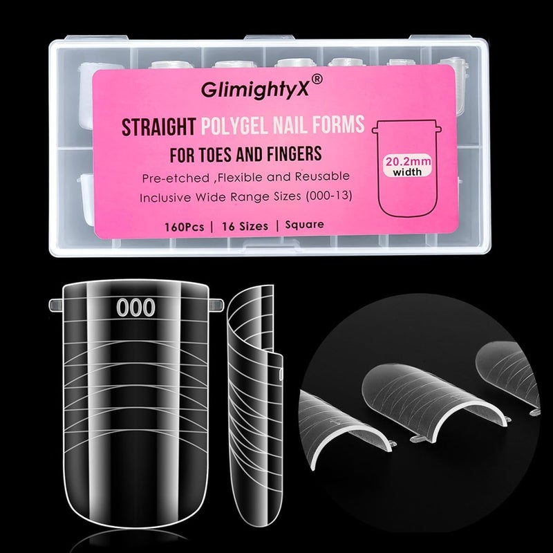GlimightyX Straight Flat Polygel Nail Forms for Finger and Toes, Pre-etched No File Dual Forms Molds for Large Wider Normal Petite Finger &Toe Nail Beds,16 Sizes 000 to 13 - Image 1